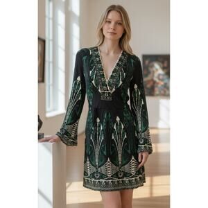 Hale Bob Cocktail Party Dress Silk Art Deco V-Neck Knit Black Green Gems Small